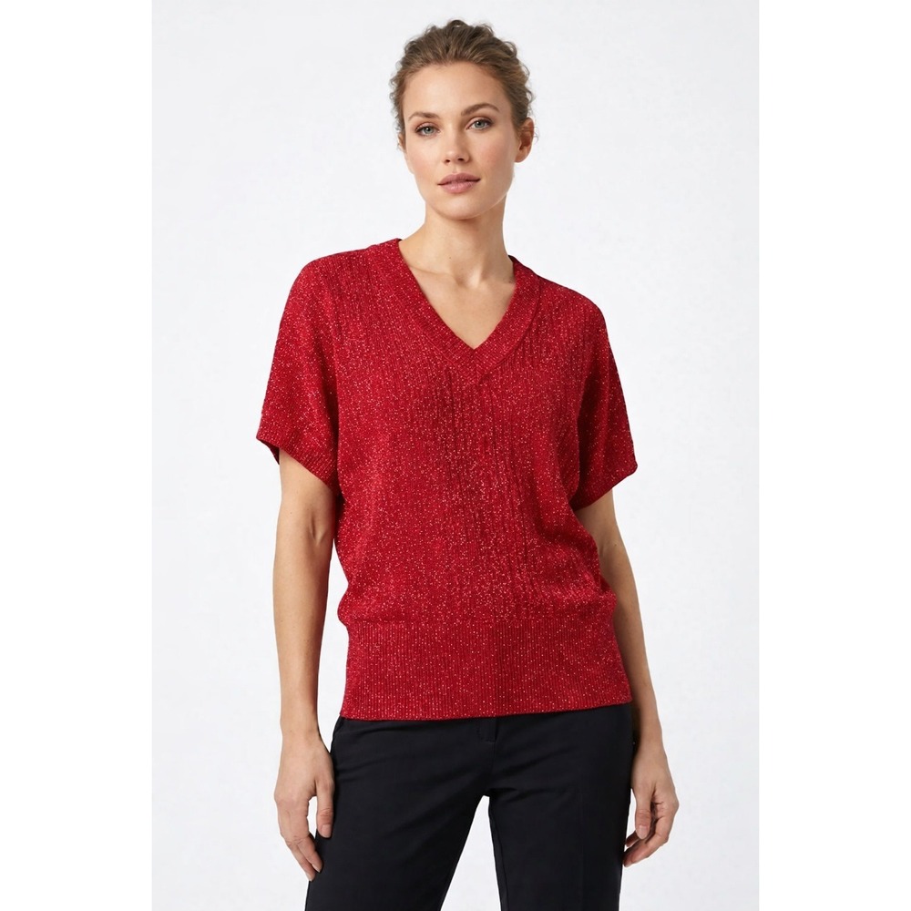 Dots Womens Red Shimmer V-Neck Short Sleeve Knit Top Plus Size 1X